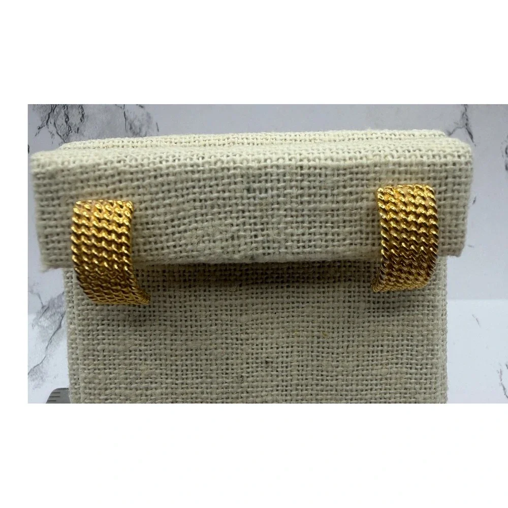 Monet Gold Tone Textured Mesh Curved Half Hoop‎ Stud Earrings Signed 3/4